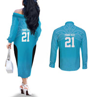 New Zealand Custom Couples Matching Off The Shoulder Long Sleeve Dress and Long Sleeve Button Shirt Fire Basketball Maori Tribal Sky Blue LT9 - Polynesian Pride