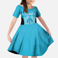 New Zealand Custom Kid Short Sleeve Dress Fire Basketball Maori Tribal Sky Blue - Polynesian Pride