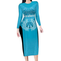 New Zealand Custom Long Sleeve Bodycon Dress Fire Basketball Maori Tribal Sky Blue - Polynesian Pride