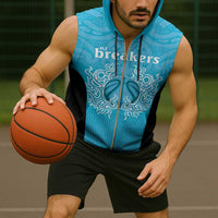 New Zealand Custom Sleeveless Zip Hoodie Fire Basketball Maori Tribal Sky Blue - Polynesian Pride