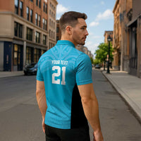 New Zealand Custom Zipper Polo Shirt Fire Basketball Maori Tribal Sky Blue - Polynesian Pride