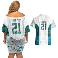 Custom New Zealand Aotearoa Couples Matching Off Shoulder Short Dress and Hawaiian Shirt Green Maori Paua Shell Indigenous - Polynesian Pride