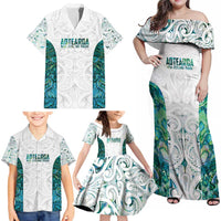 Custom New Zealand Aotearoa Family Matching Off Shoulder Maxi Dress and Hawaiian Shirt Green Maori Paua Shell Indigenous - Polynesian Pride