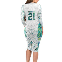 Custom New Zealand Aotearoa Long Sleeve Bodycon Dress Green Maori Paua Shell Indigenous - Polynesian Pride
