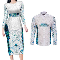 Custom New Zealand Aotearoa Couples Matching Long Sleeve Bodycon Dress and Long Sleeve Button Shirt Maori Paua Shell Indigenous - Polynesian Pride