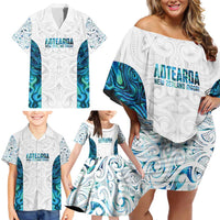 Custom New Zealand Aotearoa Family Matching Off Shoulder Short Dress and Hawaiian Shirt Maori Paua Shell Indigenous - Polynesian Pride