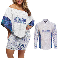 Custom New Zealand Aotearoa Couples Matching Off Shoulder Short Dress and Long Sleeve Button Shirt Purple Maori Paua Shell Indigenous - Polynesian Pride