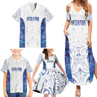 Custom New Zealand Aotearoa Family Matching Summer Maxi Dress and Hawaiian Shirt Purple Maori Paua Shell Indigenous - Polynesian Pride