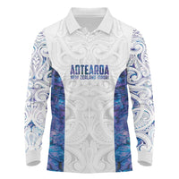 Custom New Zealand Aotearoa Long Sleeve Polo Shirt Purple Maori Paua Shell Indigenous - Polynesian Pride