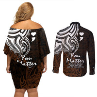 Your Matter Suicide Prevention Couples Matching Off Shoulder Short Dress and Long Sleeve Button Shirts Gold Polynesian Tribal LT9 - Polynesian Pride
