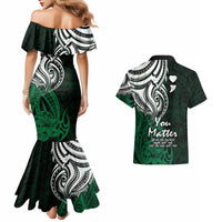 Your Matter Suicide Prevention Couples Matching Mermaid Dress and Hawaiian Shirt Green Polynesian Tribal LT9 - Polynesian Pride