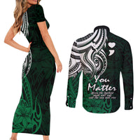 Your Matter Suicide Prevention Couples Matching Short Sleeve Bodycon Dress and Long Sleeve Button Shirts Green Polynesian Tribal LT9 - Polynesian Pride