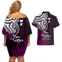 Your Matter Suicide Prevention Couples Matching Off Shoulder Short Dress and Hawaiian Shirt Pink Polynesian Tribal LT9 - Polynesian Pride