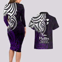 Your Matter Suicide Prevention Couples Matching Long Sleeve Bodycon Dress and Hawaiian Shirt Purple Polynesian Tribal LT9 - Polynesian Pride