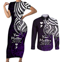Your Matter Suicide Prevention Couples Matching Short Sleeve Bodycon Dress and Long Sleeve Button Shirts Purple Polynesian Tribal LT9 Purple - Polynesian Pride