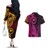 Papua New Guinea Island Couples Matching Off The Shoulder Long Sleeve Dress and Hawaiian Shirt Bird of Paradise with Gold Polynesian Tribal LT9 - Polynesian Pride