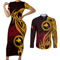 Papua New Guinea Island Couples Matching Short Sleeve Bodycon Dress and Long Sleeve Button Shirts Bird of Paradise with Gold Polynesian Tribal LT9 Gold - Polynesian Pride