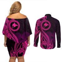 Papua New Guinea Island Couples Matching Off Shoulder Short Dress and Long Sleeve Button Shirts Bird of Paradise with Pink Polynesian Tribal LT9 - Polynesian Pride