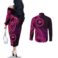 Papua New Guinea Island Couples Matching Off The Shoulder Long Sleeve Dress and Long Sleeve Button Shirts Bird of Paradise with Pink Polynesian Tribal LT9 - Polynesian Pride