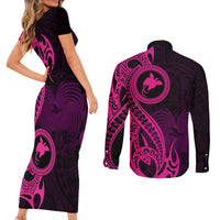 Papua New Guinea Island Couples Matching Short Sleeve Bodycon Dress and Long Sleeve Button Shirts Bird of Paradise with Pink Polynesian Tribal LT9 - Polynesian Pride