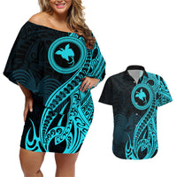 Papua New Guinea Island Couples Matching Off Shoulder Short Dress and Hawaiian Shirt Bird of Paradise with Aqua Polynesian Tribal LT9 Aqua - Polynesian Pride
