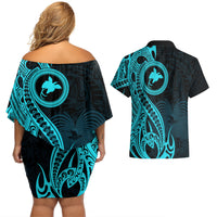 Papua New Guinea Island Couples Matching Off Shoulder Short Dress and Hawaiian Shirt Bird of Paradise with Aqua Polynesian Tribal LT9 - Polynesian Pride