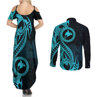 Papua New Guinea Island Couples Matching Summer Maxi Dress and Long Sleeve Button Shirts Bird of Paradise with Aqua Polynesian Tribal LT9 - Polynesian Pride