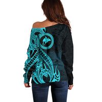 Papua New Guinea Island Off Shoulder Sweater Bird of Paradise with Aqua Polynesian Tribal LT9 - Polynesian Pride