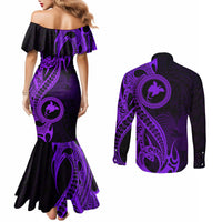 Papua New Guinea Island Couples Matching Mermaid Dress and Long Sleeve Button Shirts Bird of Paradise with Purple Polynesian Tribal LT9 - Polynesian Pride