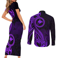 Papua New Guinea Island Couples Matching Short Sleeve Bodycon Dress and Long Sleeve Button Shirts Bird of Paradise with Purple Polynesian Tribal LT9 - Polynesian Pride