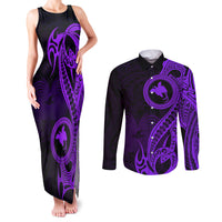 Papua New Guinea Island Couples Matching Tank Maxi Dress and Long Sleeve Button Shirts Bird of Paradise with Purple Polynesian Tribal LT9 Purple - Polynesian Pride
