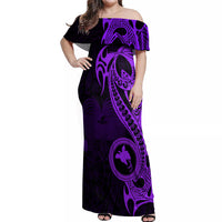Papua New Guinea Island Off Shoulder Maxi Dress Bird of Paradise with Purple Polynesian Tribal LT9 Women Purple - Polynesian Pride