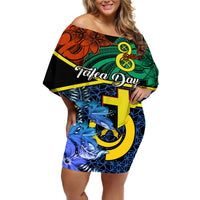 Tafea Day Off Shoulder Short Dress Vanuatu Sand Drawing With Polynesian Pattern LT9 Women Blue - Polynesian Pride