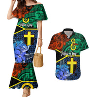 Personalised Tafea Day Couples Matching Mermaid Dress and Hawaiian Shirt Vanuatu Sand Drawing With Polynesian Pattern LT9 Blue - Polynesian Pride