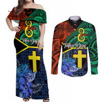 Personalised Tafea Day Couples Matching Off Shoulder Maxi Dress and Long Sleeve Button Shirts Vanuatu Sand Drawing With Polynesian Pattern LT9 Blue - Polynesian Pride