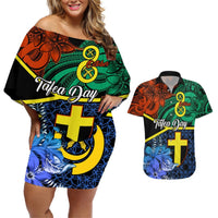 Personalised Tafea Day Couples Matching Off Shoulder Short Dress and Hawaiian Shirt Vanuatu Sand Drawing With Polynesian Pattern LT9 Blue - Polynesian Pride