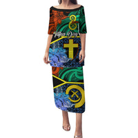 Personalised Tafea Day Puletasi Vanuatu Sand Drawing With Polynesian Pattern LT9 Long Dress Blue - Polynesian Pride