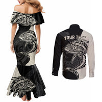 Personalised Polynesia Fishing Couples Matching Mermaid Dress and Long Sleeve Button Shirts With Maori Hei Matau Fish Hook Gold Art LT9 - Polynesian Pride