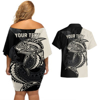 Personalised Polynesia Fishing Couples Matching Off Shoulder Short Dress and Hawaiian Shirt With Maori Hei Matau Fish Hook Gold Art LT9 - Polynesian Pride