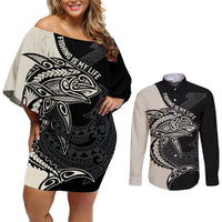 Personalised Polynesia Fishing Couples Matching Off Shoulder Short Dress and Long Sleeve Button Shirts With Maori Hei Matau Fish Hook Gold Art LT9 Gold - Polynesian Pride