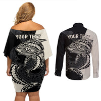 Personalised Polynesia Fishing Couples Matching Off Shoulder Short Dress and Long Sleeve Button Shirts With Maori Hei Matau Fish Hook Gold Art LT9 - Polynesian Pride