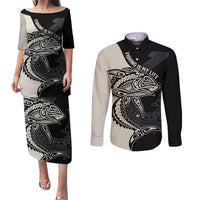 Personalised Polynesia Fishing Couples Matching Puletasi Dress and Long Sleeve Button Shirts With Maori Hei Matau Fish Hook Gold Art LT9 Gold - Polynesian Pride