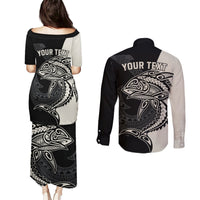 Personalised Polynesia Fishing Couples Matching Puletasi Dress and Long Sleeve Button Shirts With Maori Hei Matau Fish Hook Gold Art LT9 - Polynesian Pride