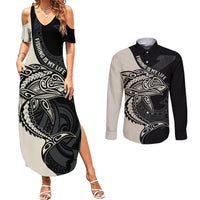 Personalised Polynesia Fishing Couples Matching Summer Maxi Dress and Long Sleeve Button Shirts With Maori Hei Matau Fish Hook Gold Art LT9 Gold - Polynesian Pride