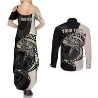 Personalised Polynesia Fishing Couples Matching Summer Maxi Dress and Long Sleeve Button Shirts With Maori Hei Matau Fish Hook Gold Art LT9 - Polynesian Pride