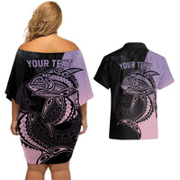 Personalised Polynesia Fishing Couples Matching Off Shoulder Short Dress and Hawaiian Shirt With Maori Hei Matau Fish Hook Pastel Art LT9 - Polynesian Pride