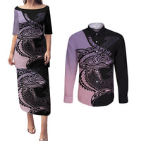 Personalised Polynesia Fishing Couples Matching Puletasi Dress and Long Sleeve Button Shirts With Maori Hei Matau Fish Hook Pastel Art LT9 Pastel - Polynesian Pride