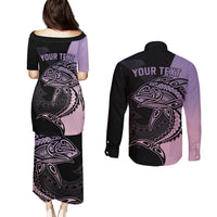 Personalised Polynesia Fishing Couples Matching Puletasi Dress and Long Sleeve Button Shirts With Maori Hei Matau Fish Hook Pastel Art LT9 - Polynesian Pride