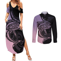 Personalised Polynesia Fishing Couples Matching Summer Maxi Dress and Long Sleeve Button Shirts With Maori Hei Matau Fish Hook Pastel Art LT9 Pastel - Polynesian Pride