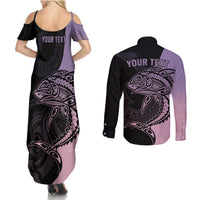 Personalised Polynesia Fishing Couples Matching Summer Maxi Dress and Long Sleeve Button Shirts With Maori Hei Matau Fish Hook Pastel Art LT9 - Polynesian Pride